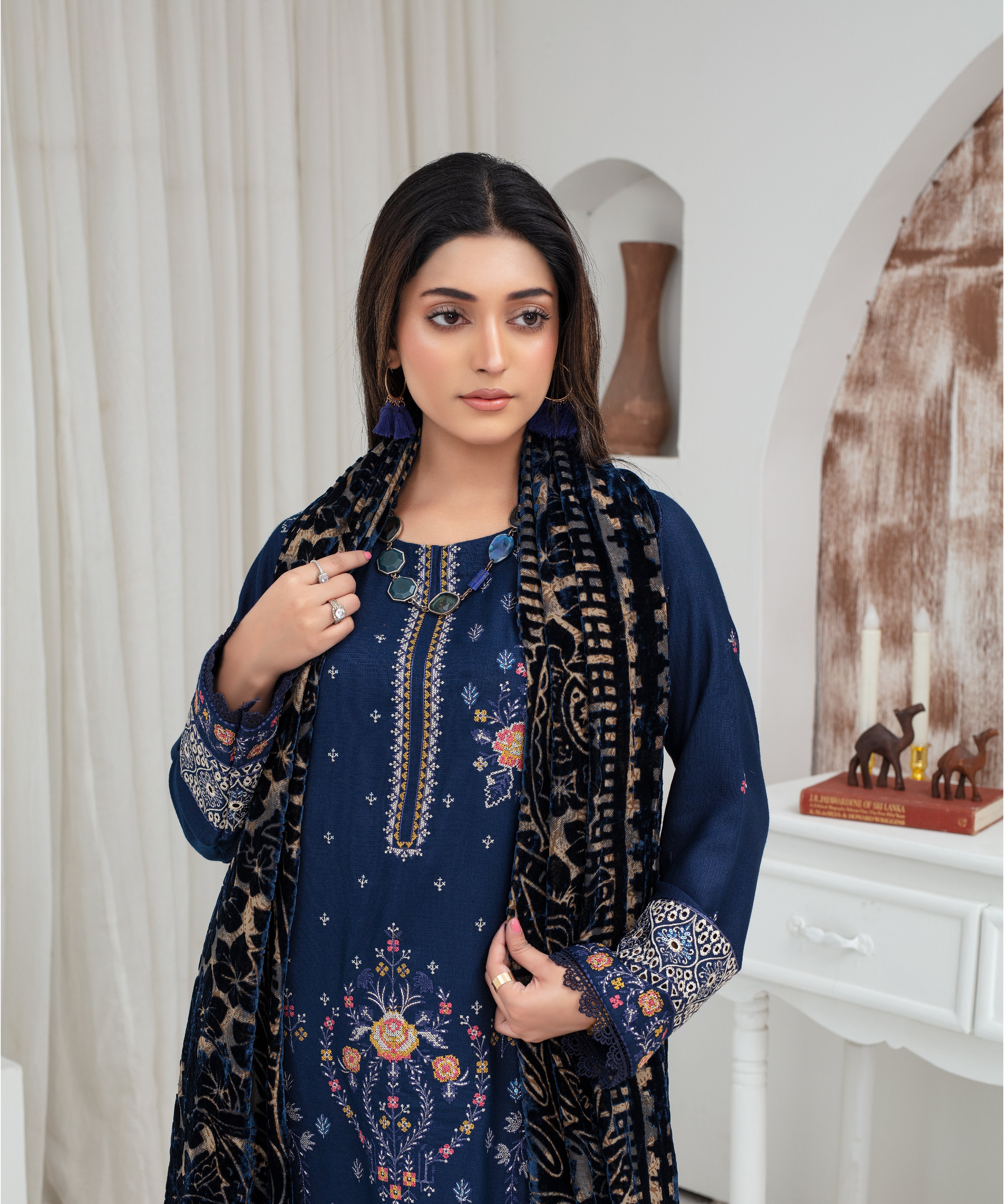 CREATION Dhanak 3PC Chikankari Embroidered Shirt With Velvet Plachi Shawl- 2103