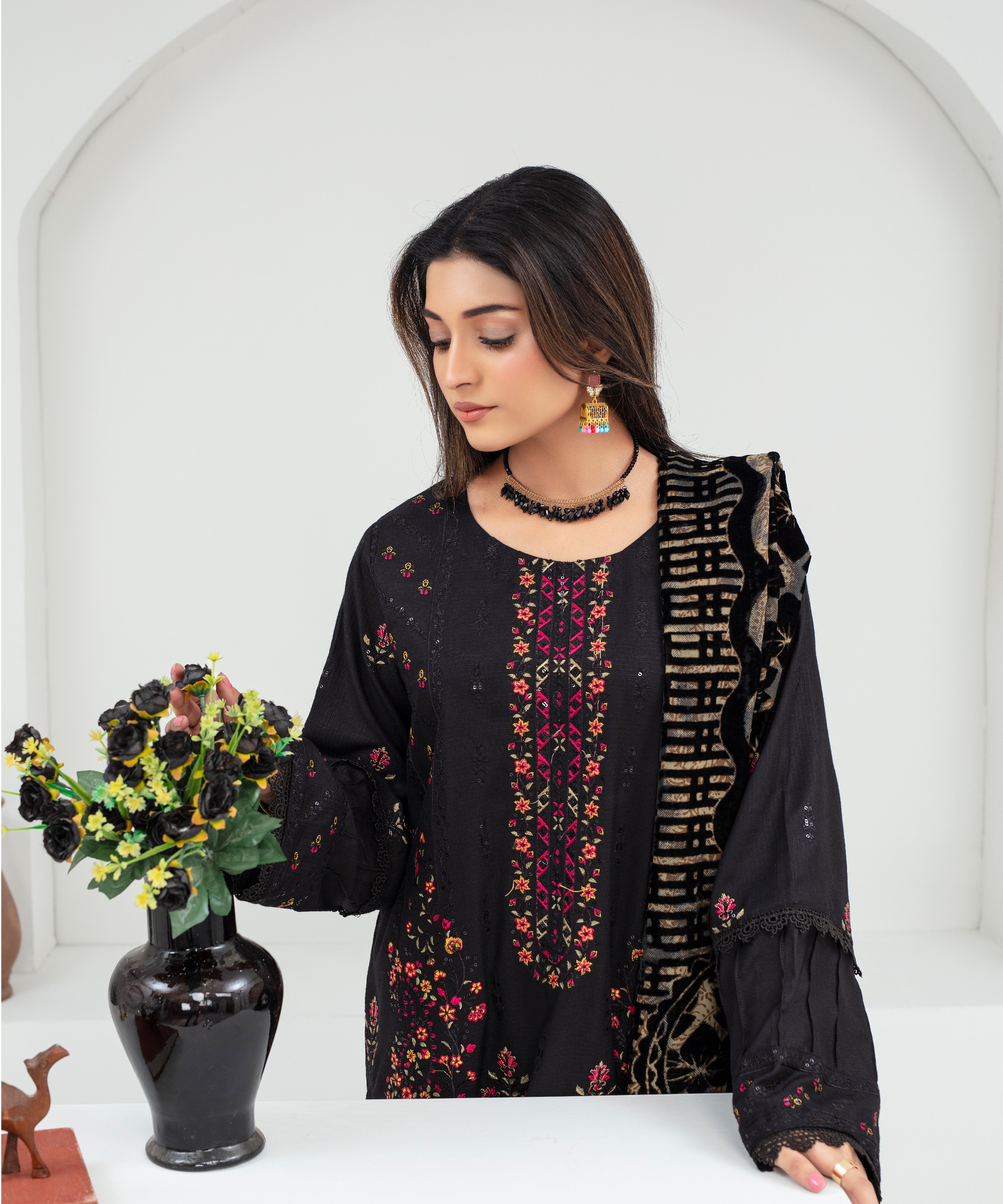 CREATION Dhanak 3PC Chikankari Embroidered Shirt With Velvet Plachi Shawl- 2101