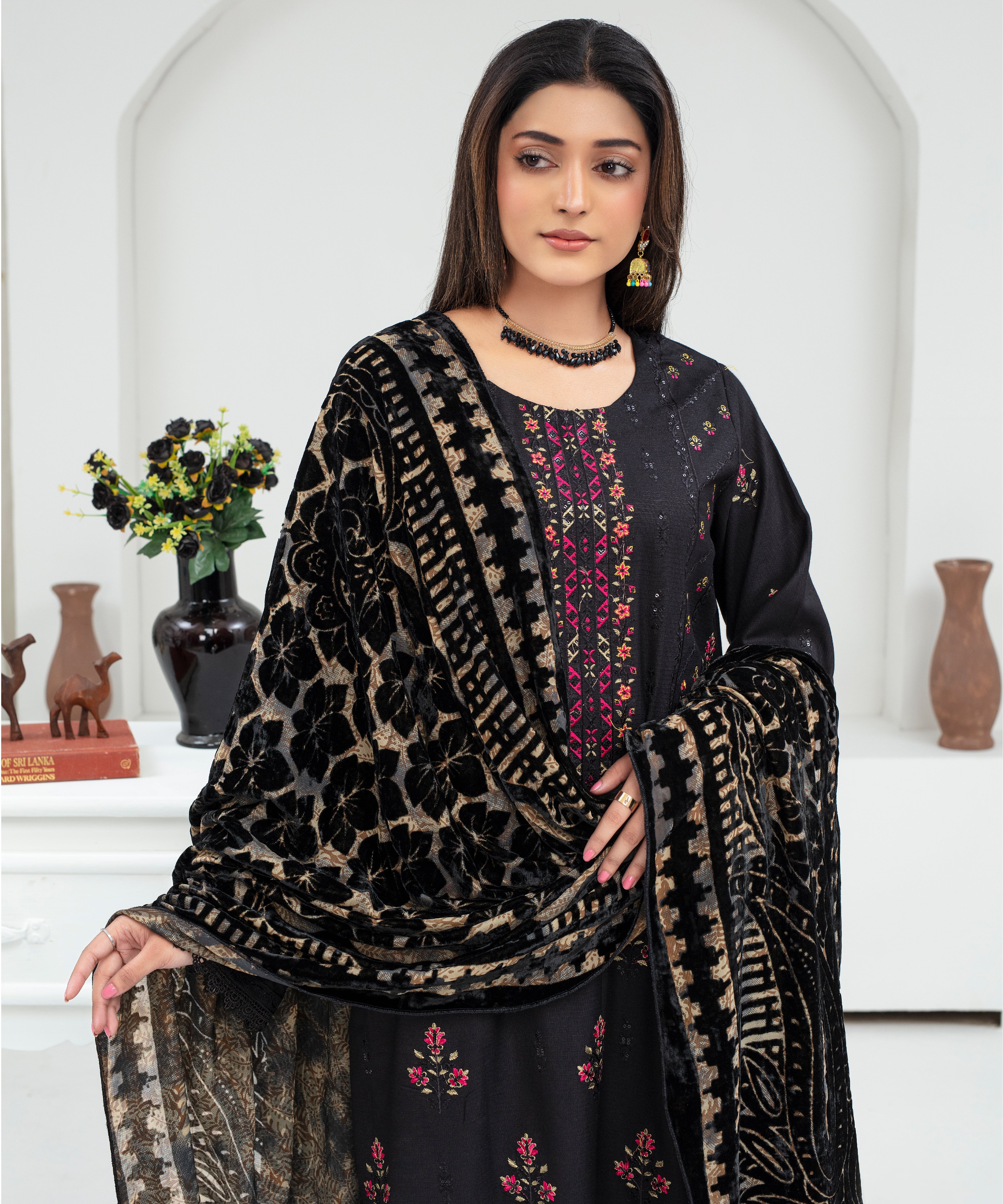 CREATION Dhanak 3PC Chikankari Embroidered Shirt With Velvet Plachi Shawl- 2101