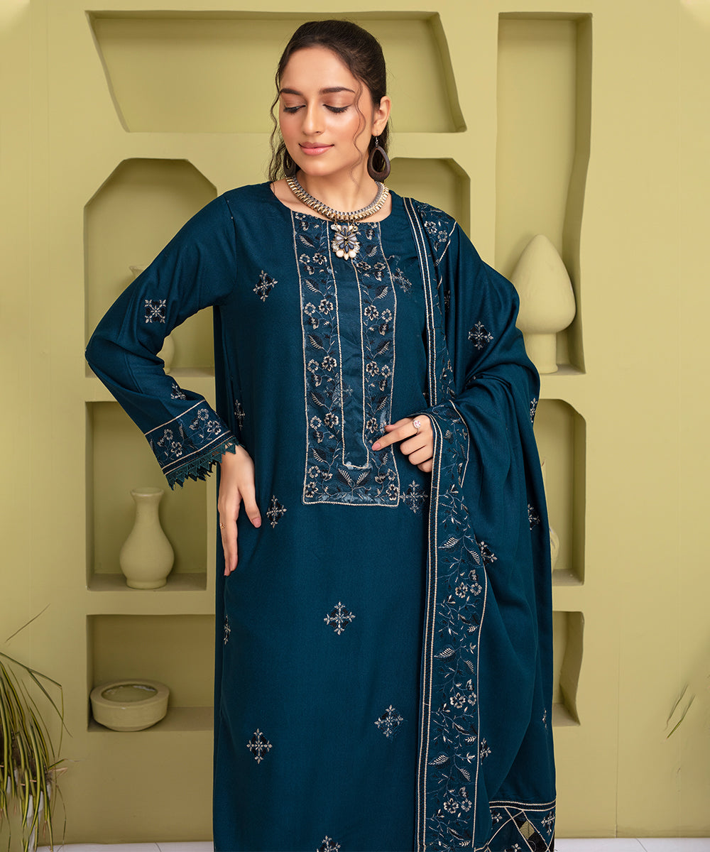 Female Studio Karandi 3PC Embroidered With Lasercut Karandi Shawl Embroidered-2100