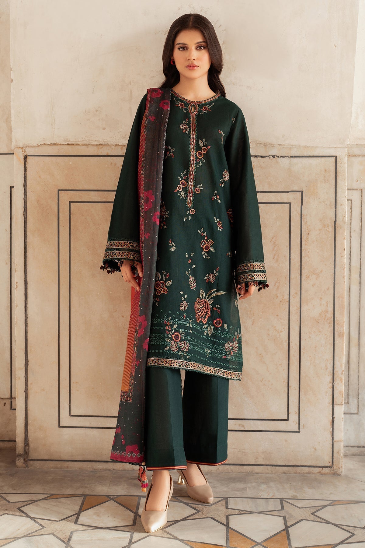 JAZMIN-3PC Dhanak Embroidered Shirt With Digital Printed Shawl-133