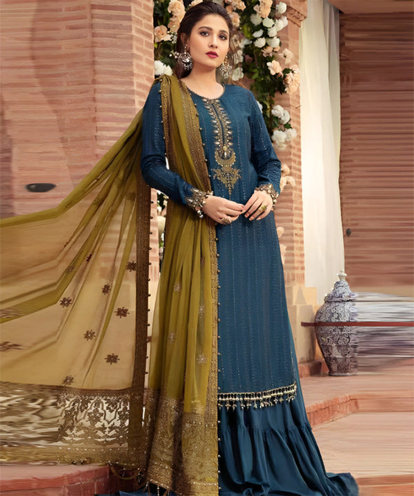 Linen 3PC Embroidered Shirt with Chiffon Embroidered Dupatta -983