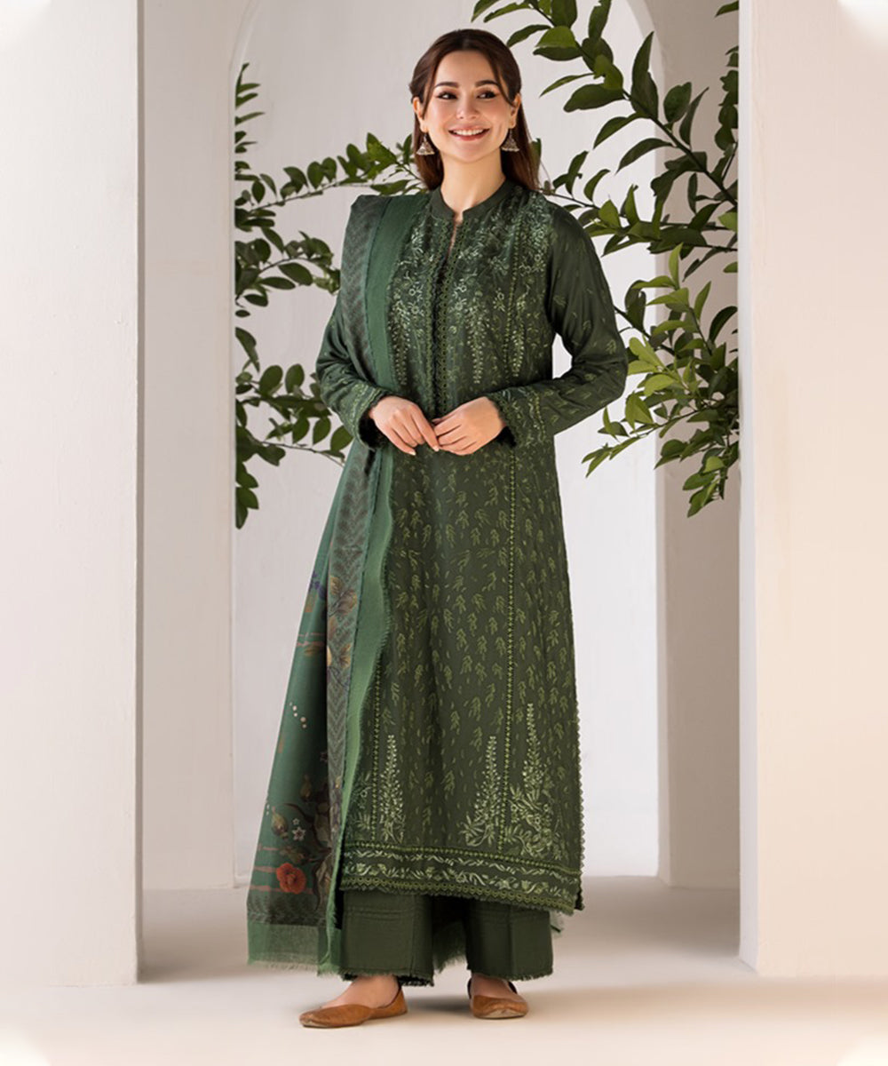 SOBIA NAZIR - 3PC DHANAK EMBROIDERED SHIRT WITH TWILL PRINTED SHAWL AND TROUSER-695