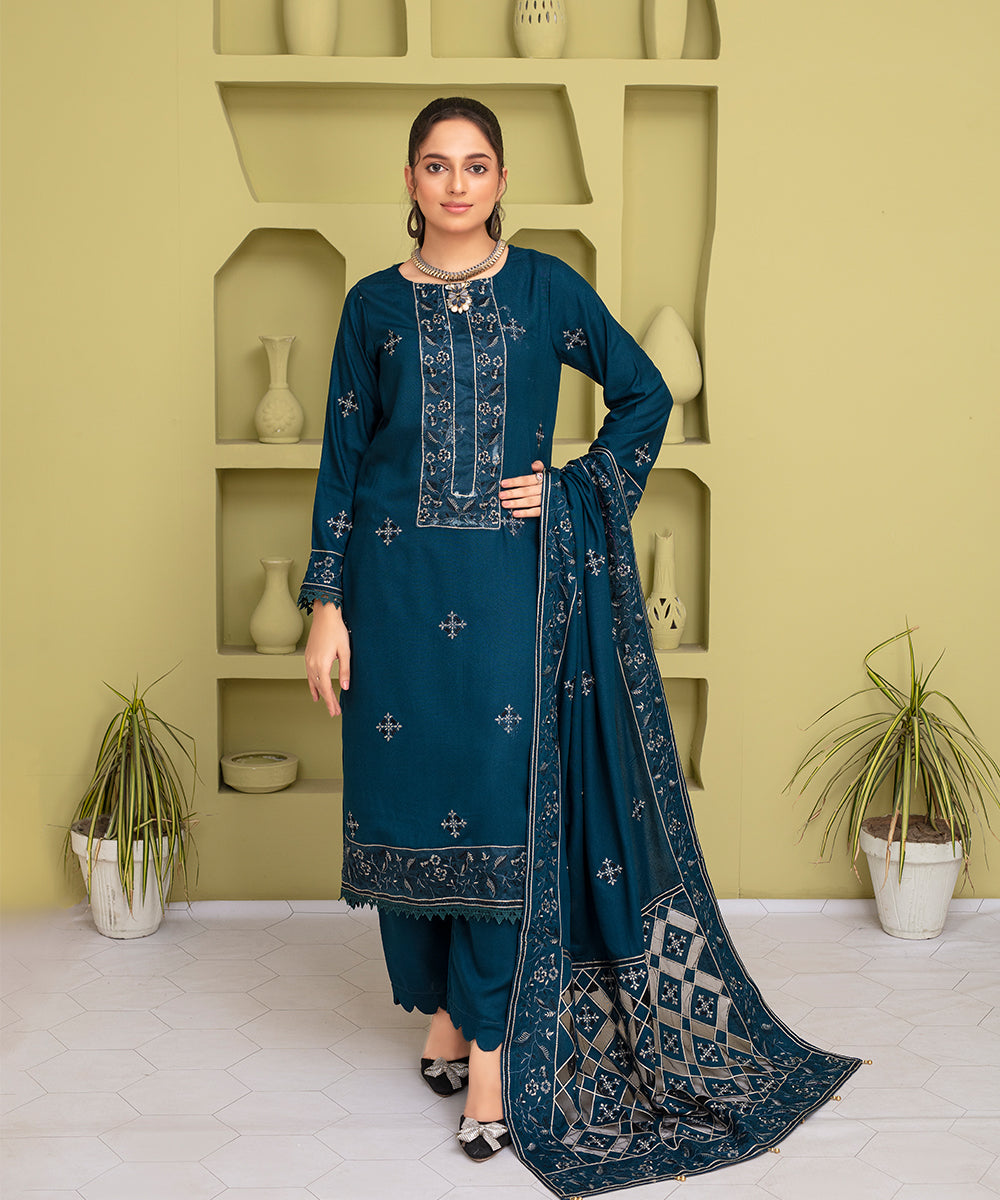 Female Studio Karandi 3PC Embroidered With Lasercut Karandi Shawl Embroidered-2100