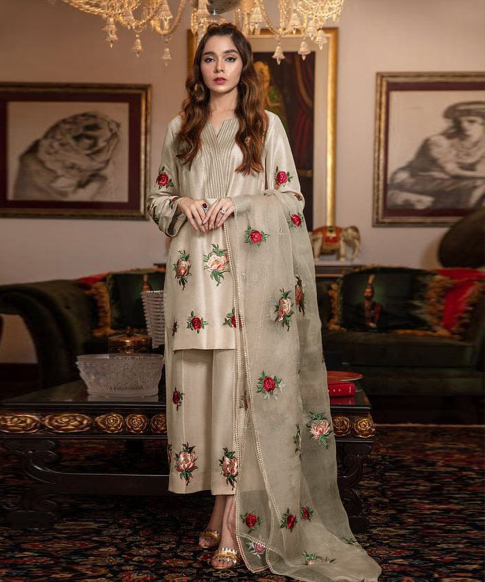 Silk 3PC Embroidered With Organza Embroidered Dupatta-1316