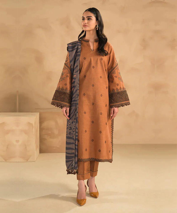 3PC Dhanak Embroidered suit with Digital Printed Wool Shawl-1313