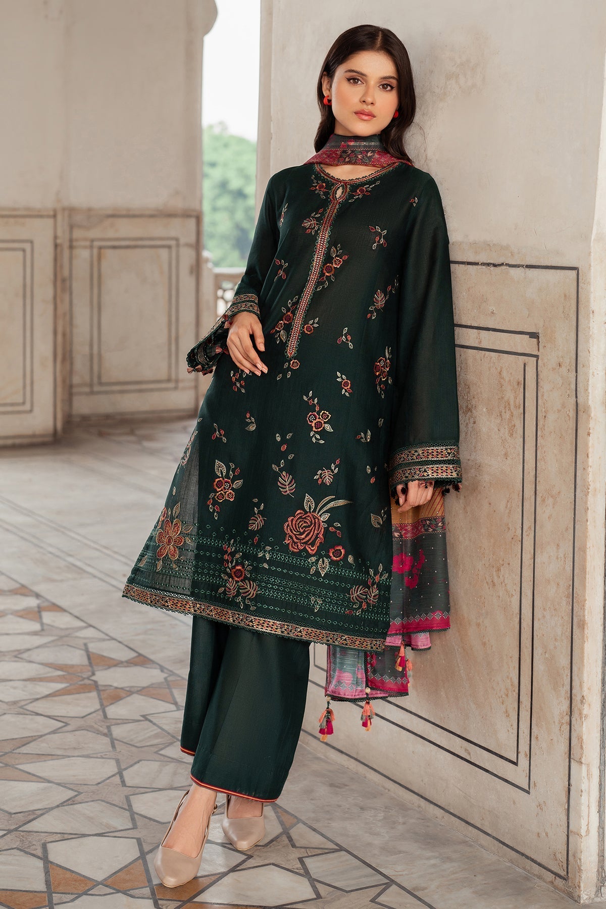 JAZMIN-3PC Dhanak Embroidered Shirt With Digital Printed Shawl-133