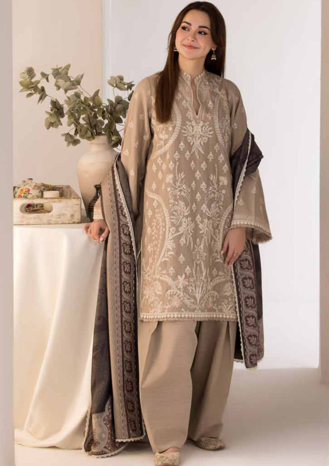 SOBIA NAZIR - 3PC DHANAK EMBROIDERED SHIRT WITH DIGITAL PRINTED SHAWL AND TROUSER-692