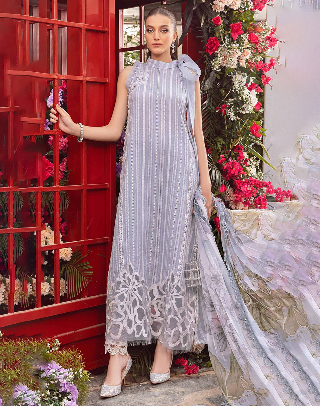 3PC-Printed Lawn Zarri Shirt With Voile Printed Dupatta-1529