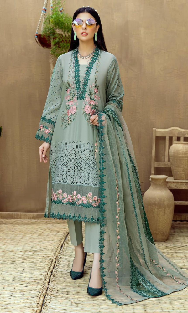 Dhanak-3PC Embroidered Shirt with Organza Embroidered Dupatta- 3292