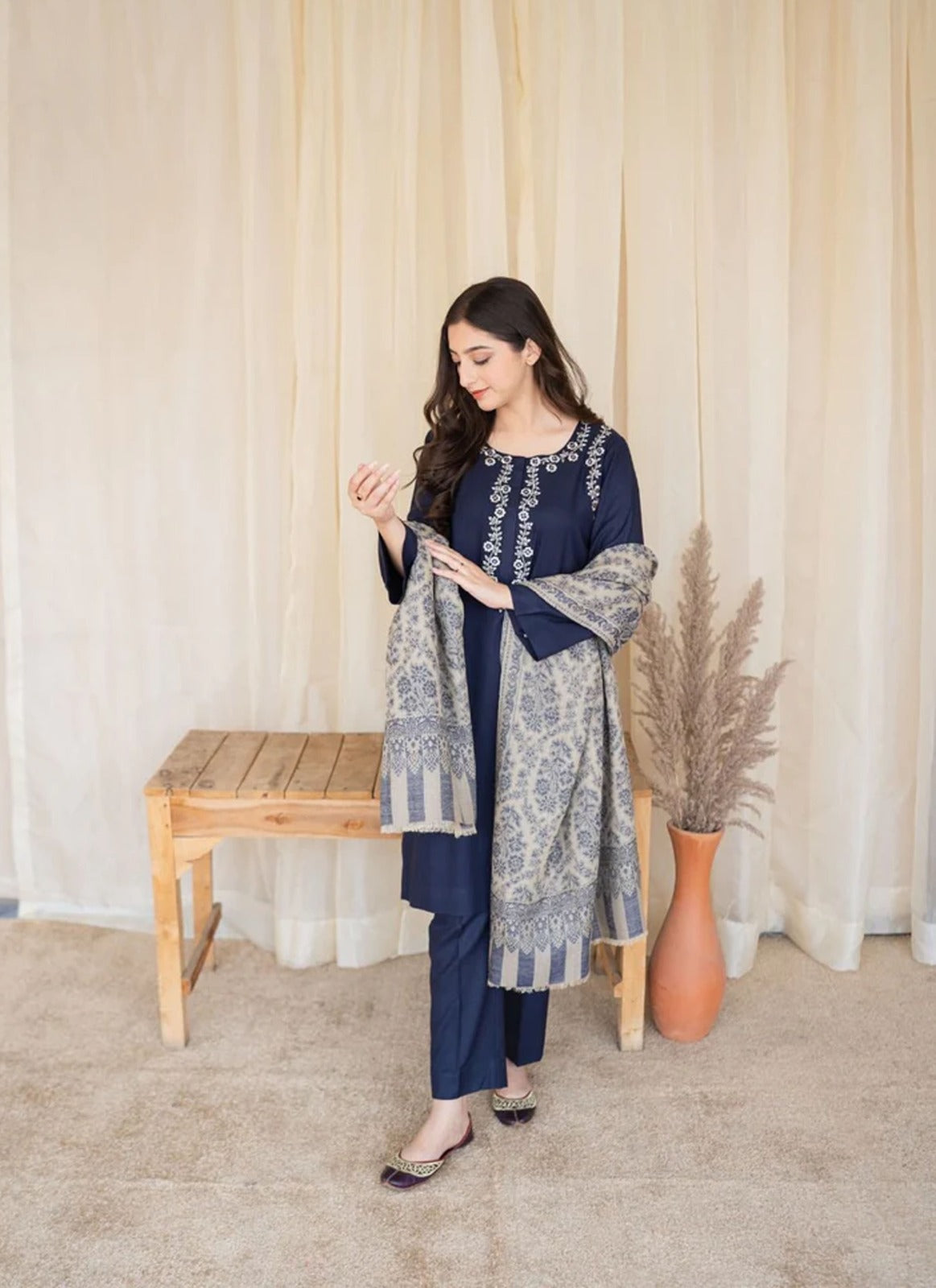 AISLING Dhanak 3PC Embroidered With Digital Printed Wool Shawl-629