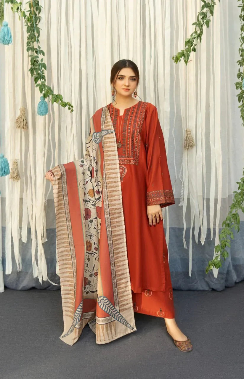 URGE 3PC Dhanak Embroidered With Digital Printed Shawl-651