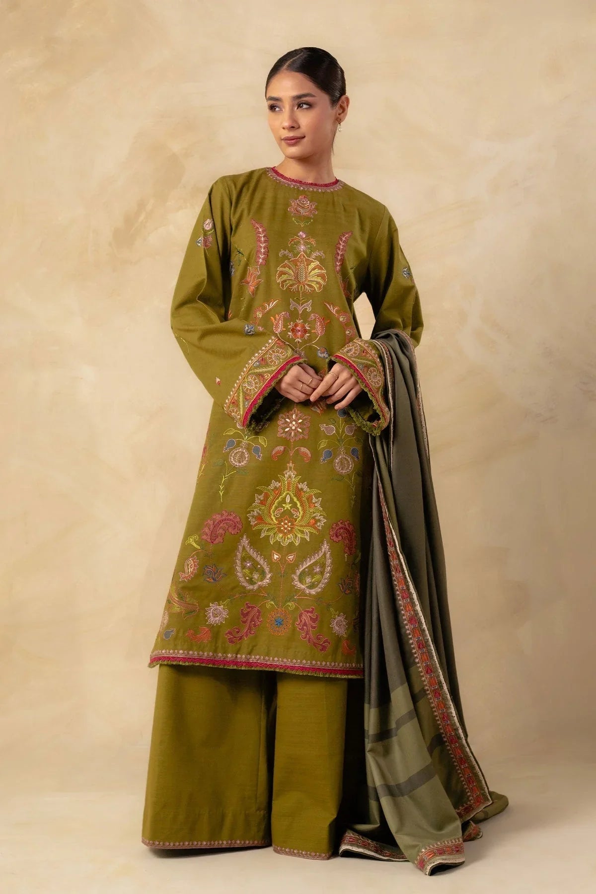 Zara Shahjahan 3PC Embroidered With Digital Printed Wool Shawl-198