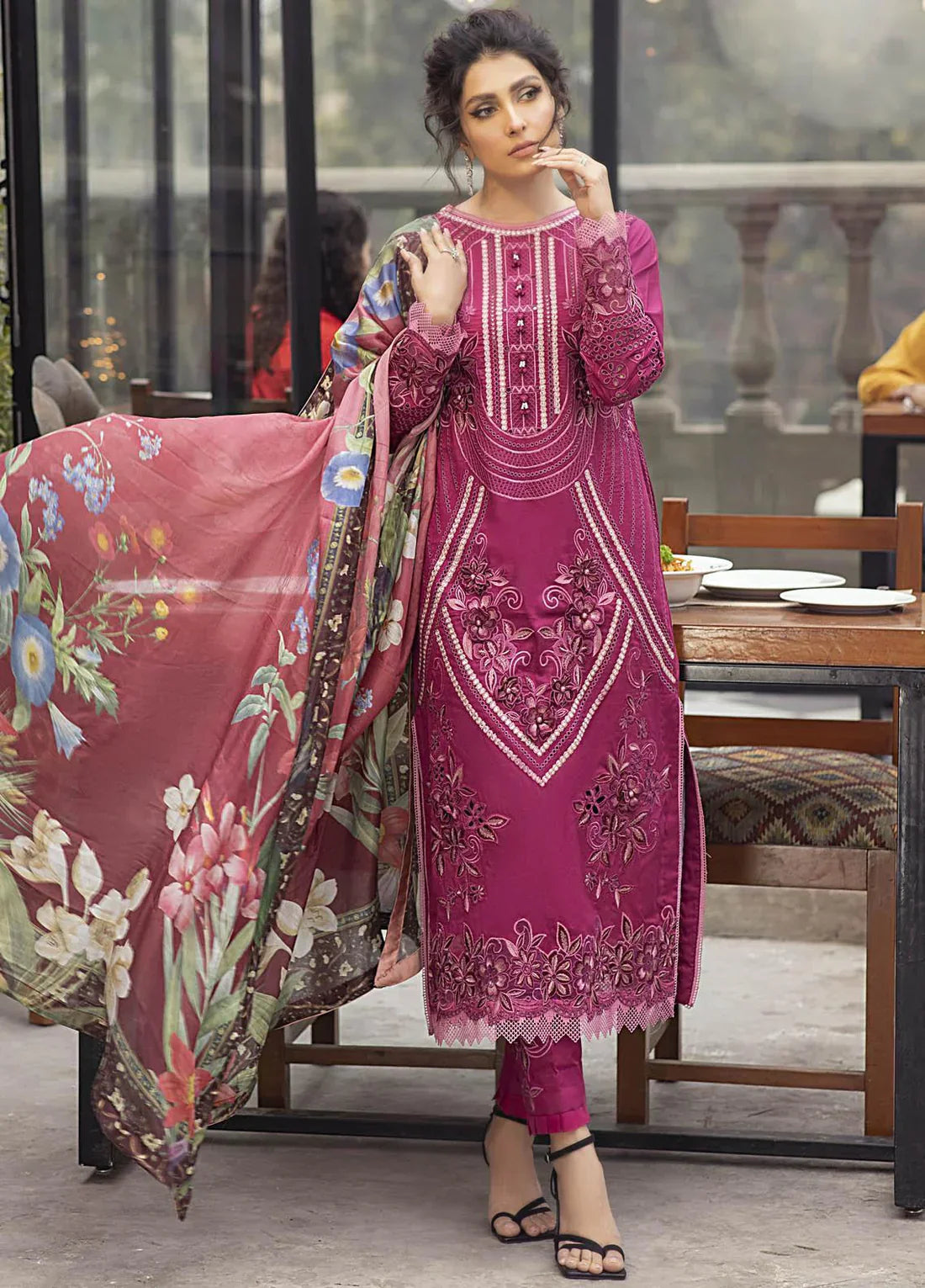 MUSHQ Lawn 3PC Embroidered With Printed Dupatta-451